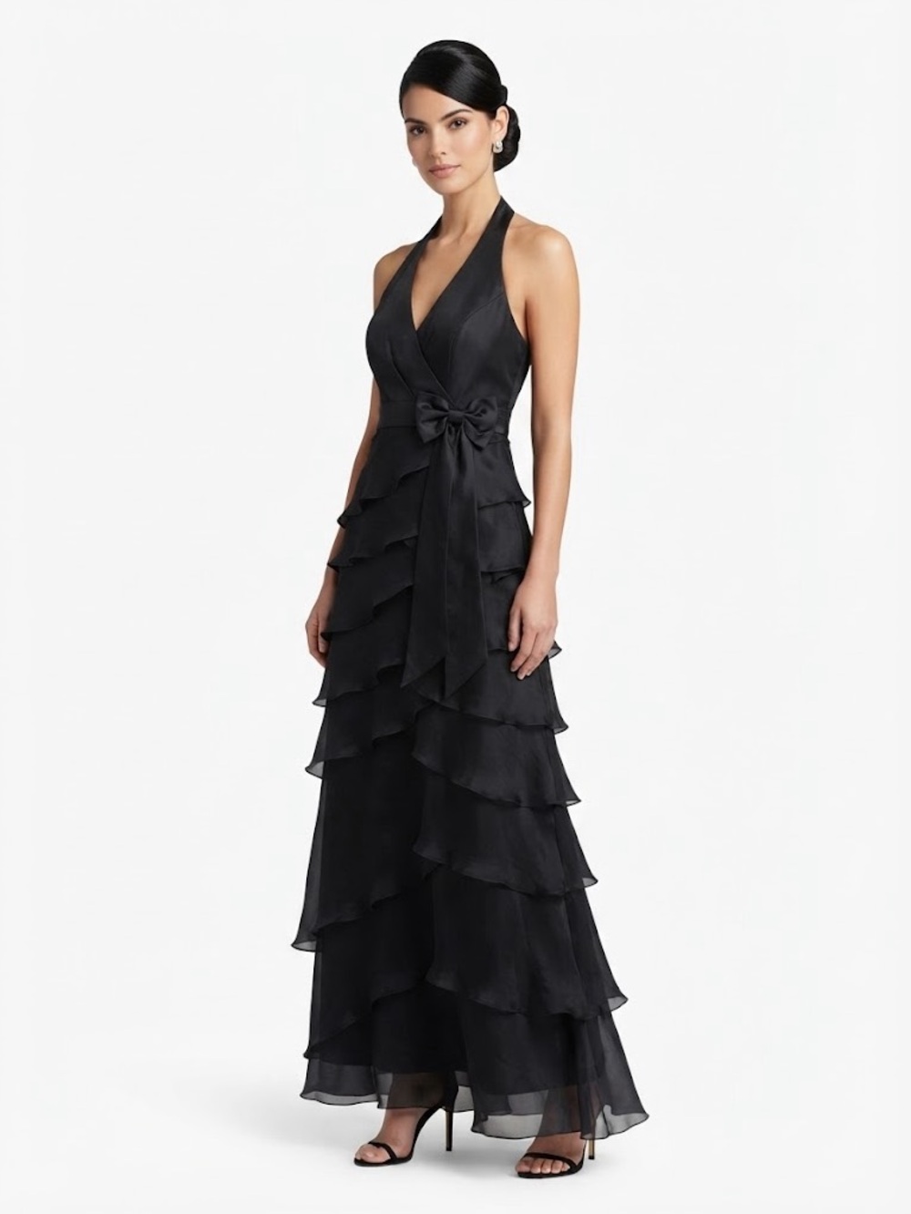 Tadashi Black Silk Chiffon Cascading Gown Size 10